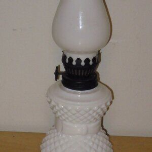 Vintage Miniature Milk Glass Oil Lamp w Bow Diamond Hobnail w Shade